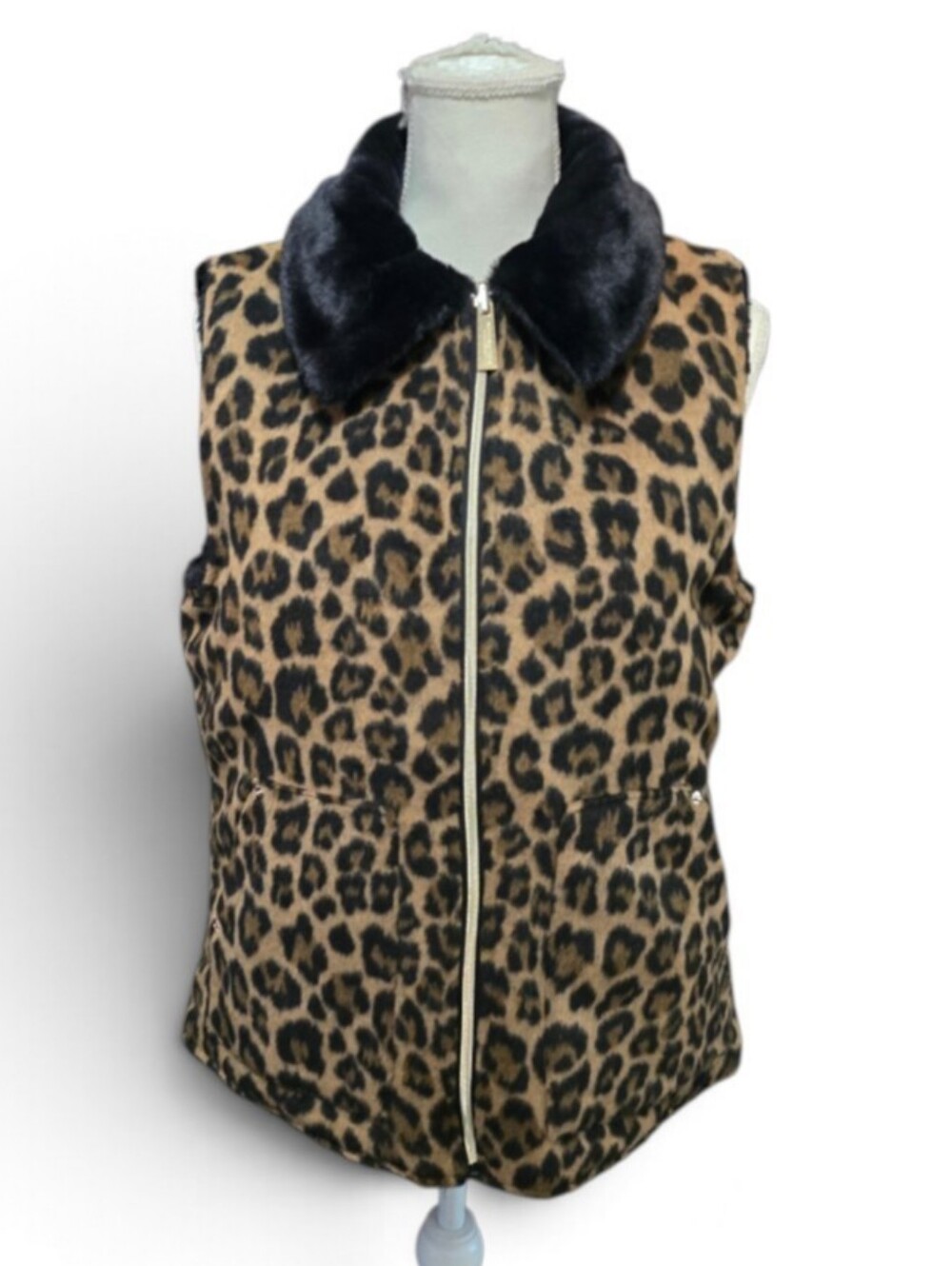 Reversible Leopard Print Faux-Fur Collar Zip Vest